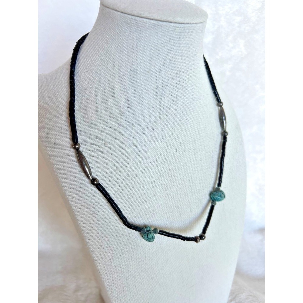 Southwestern Necklace Turquoise Nugget Black Heishi Beads Silver Tone Rustic